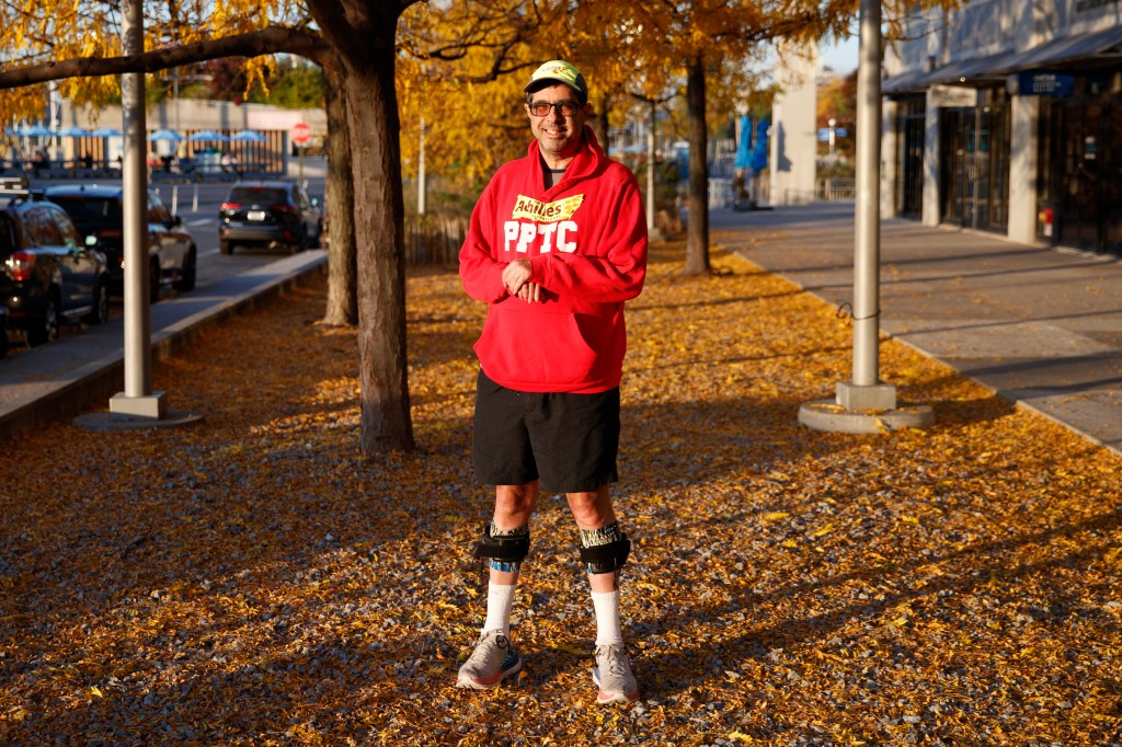 He's run the NYC marathon many times — he's been wearing ankle braces since his 2014 diagnosis.