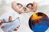 Three images of couple sleeping in bed.