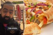 A doctor talks about colon cancer versus hemorrhoids on TikTok (left) and a pizza with cheese inside the crust (right).