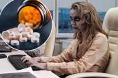 A zombie woman types at her computer; a bottle of spilled white pills (inset)