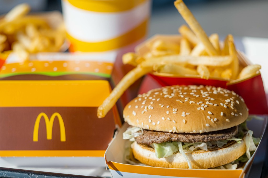 Tray full of McDonald's fast food items including Big Mac, cheeseburger, french fries, and cola