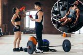 Young man and woman in gym clothes, drinking water during a fitness training session