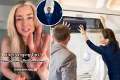 Former flight attendant Kat Kamalani gesturing while explaining airline carry-on protocol in an airplane