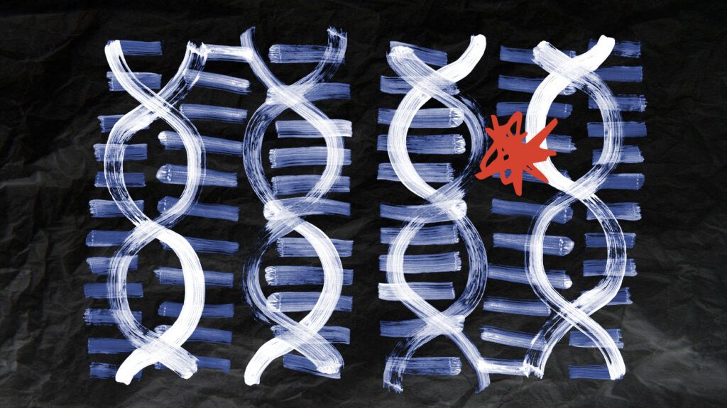 Four DNA helixes and a marked gene