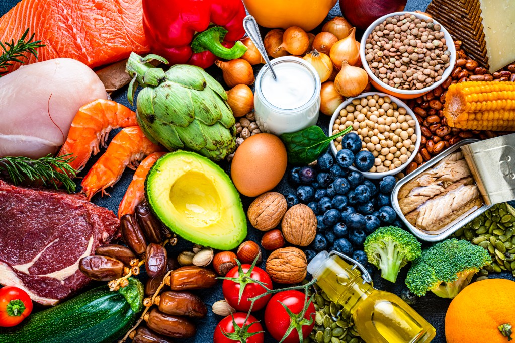 Overhead view of an array of healthy food options for a flexitarian diet, including salmon, chicken, tuna, steak, fruits, vegetables, nuts, seeds, dairy products, olive oil, eggs, and legumes.