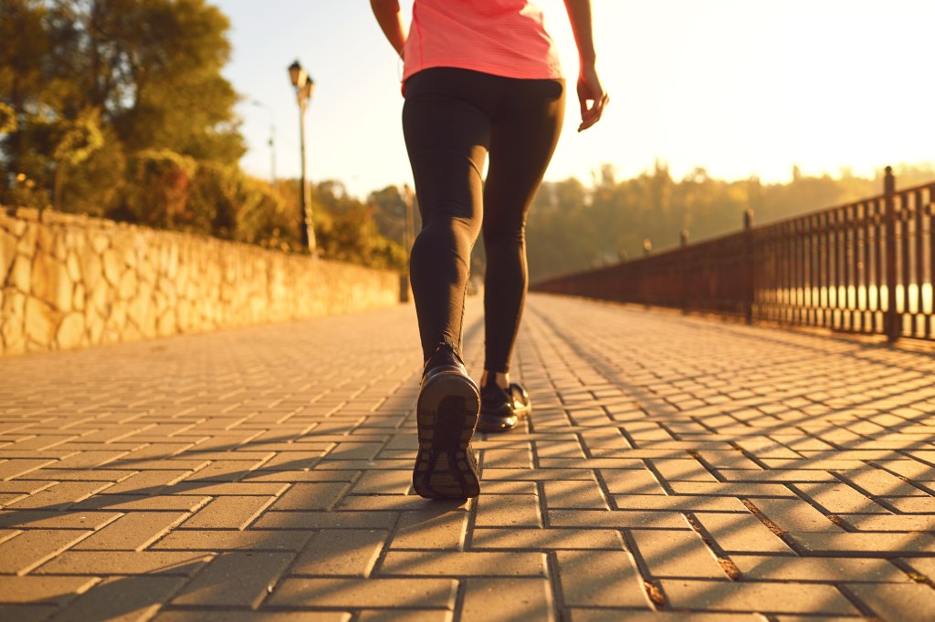 Rear view of a runner walking on a road in a park at dawn during autumn