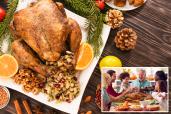 Roasted turkey with stuffing served on holiday table (main), a family enjoying a Thanksgiving meal (inset)