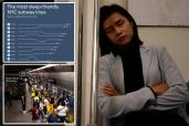 (Top left) Subway line ranking from Cpap.com. (Bottom left) Commuters boarding subway. (Right) Woman sleeping on subway.