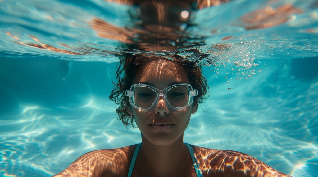 Putting your head in cold water and holding your breath contracts your spleen, slows your heart rate and redirects blood flow to your brain and heart. Here, a woman wearing a bathing suit and goggles is shown underwater.