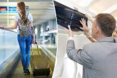 Young tourist girl with backpack and carry on luggage on a travelator in an international airport