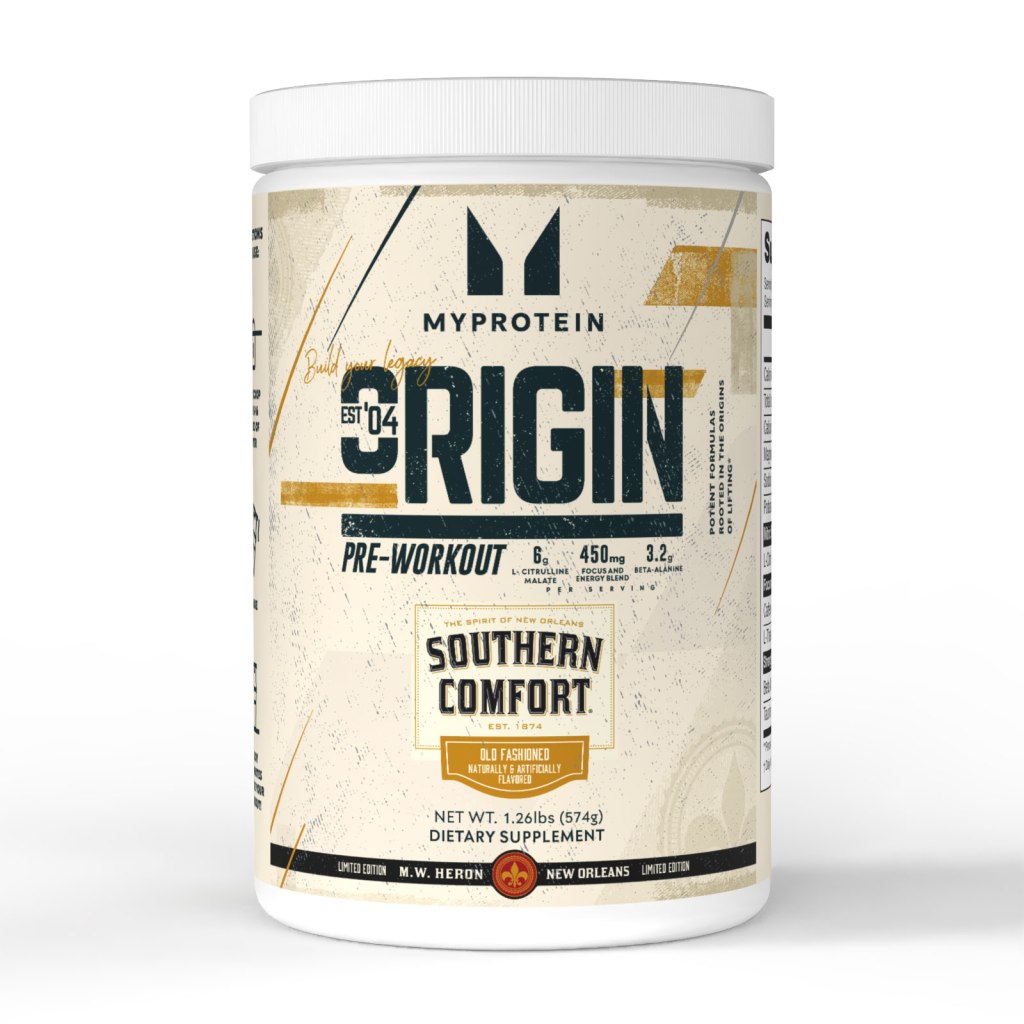 White container of Southern Comfort cocktail-flavored protein powder by Myprotein