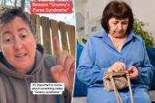 Pediatrician on TikTok warns about "granny's purse syndrome" (left) and older woman looks in her purse (right).