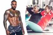 Trainer Joseph David (left), people doing crunches (right)
