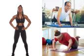 The number of push-ups you can do reveals a lot about your health. Here, Mary Onyango standing in a workout outfit (left), a man doing a push-up (top right) and a woman doing a modified push-up with knees on the floor (bottom right).