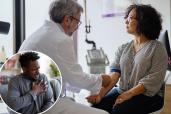 Deadly cholesterol risk slashed by experimental new drug. Here, a doctor and a patient in a doctor's office.