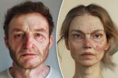 Rendering of man and woman with face aging and lesions after high exposure to microplastics.