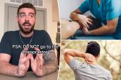 A collage of a distressed man with his hands on his head, illustrating a content creator's chiropractic visit story