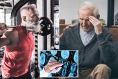 A man wearing headphones and another man with his hand on his head involved in strength training, relating to a study regarding brain health.