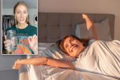 Woman looking happy first thing in the morning and a photo of Kayla Varney (top left)