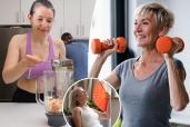 A woman makes a smoothie (left), another lifts weights (right), while a third fans herself (inset)